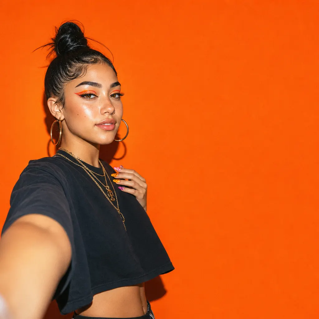 Gen Z content creator filming herself on a bright orange studio backdrop